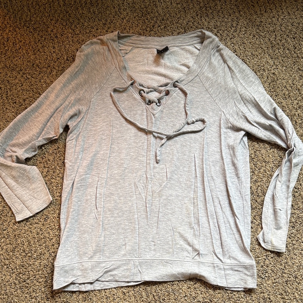 Bobeau Light Gray Lace-Up Blouse